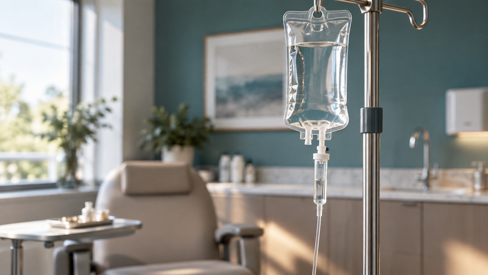 “Klinik ortamında IV serum torbası ve infüzyon seti.”