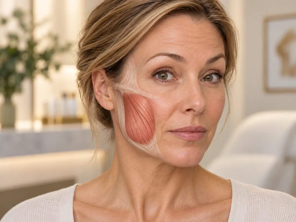 Yüzün alt bölümünde masseter kasını gösteren anatomik görsel